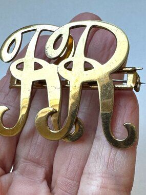 Pin Brooch RR Initials Vintage Gold Metal
